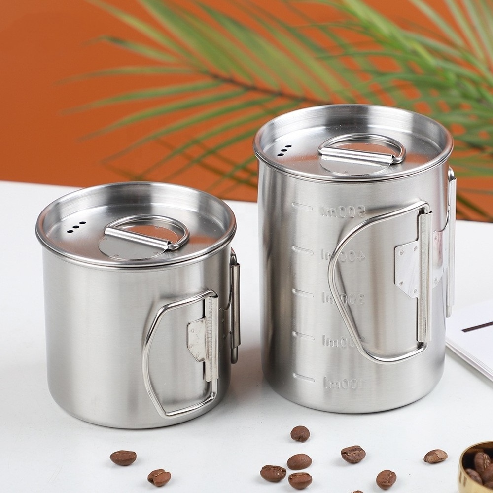 350ml/500ml Stainless Steel 18/10 Outdoor picnic Camping Measuring Drinking coffee Mug with folding handle lid