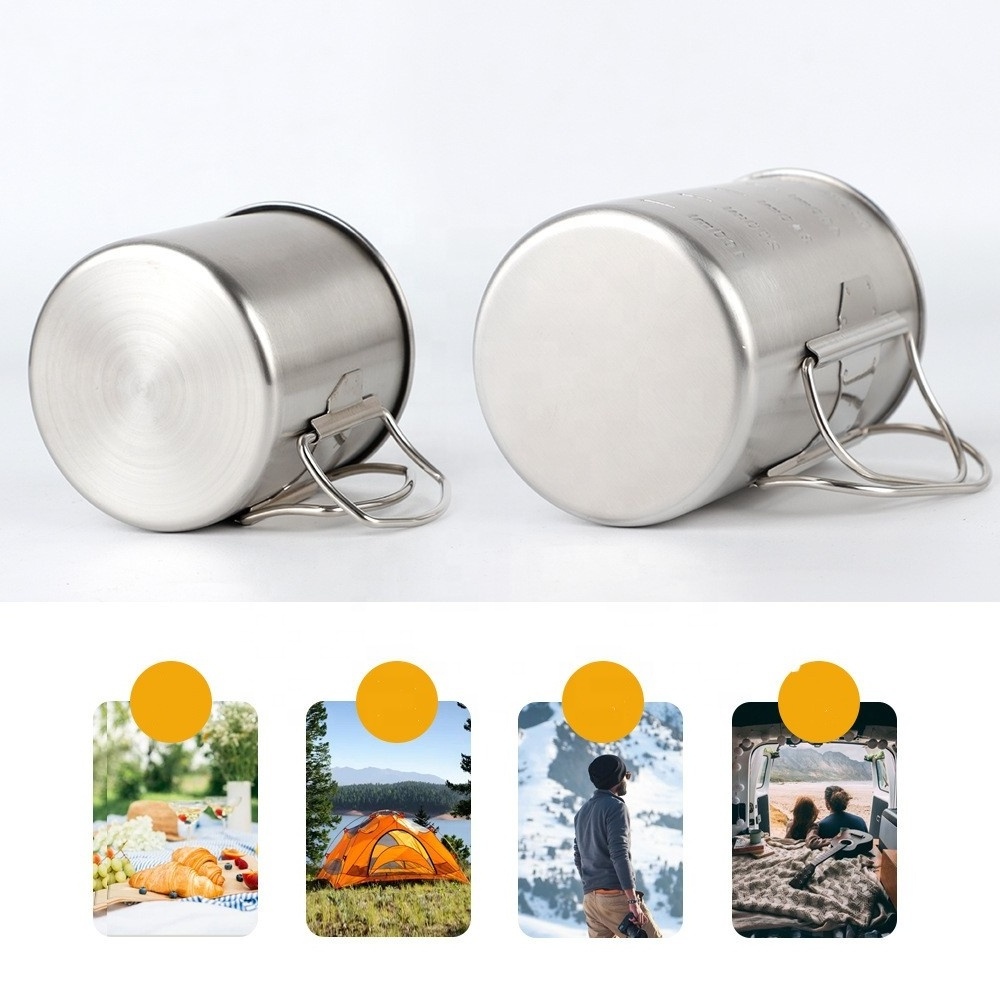 350ml/500ml Stainless Steel 18/10 Outdoor picnic Camping Measuring Drinking coffee Mug with folding handle lid