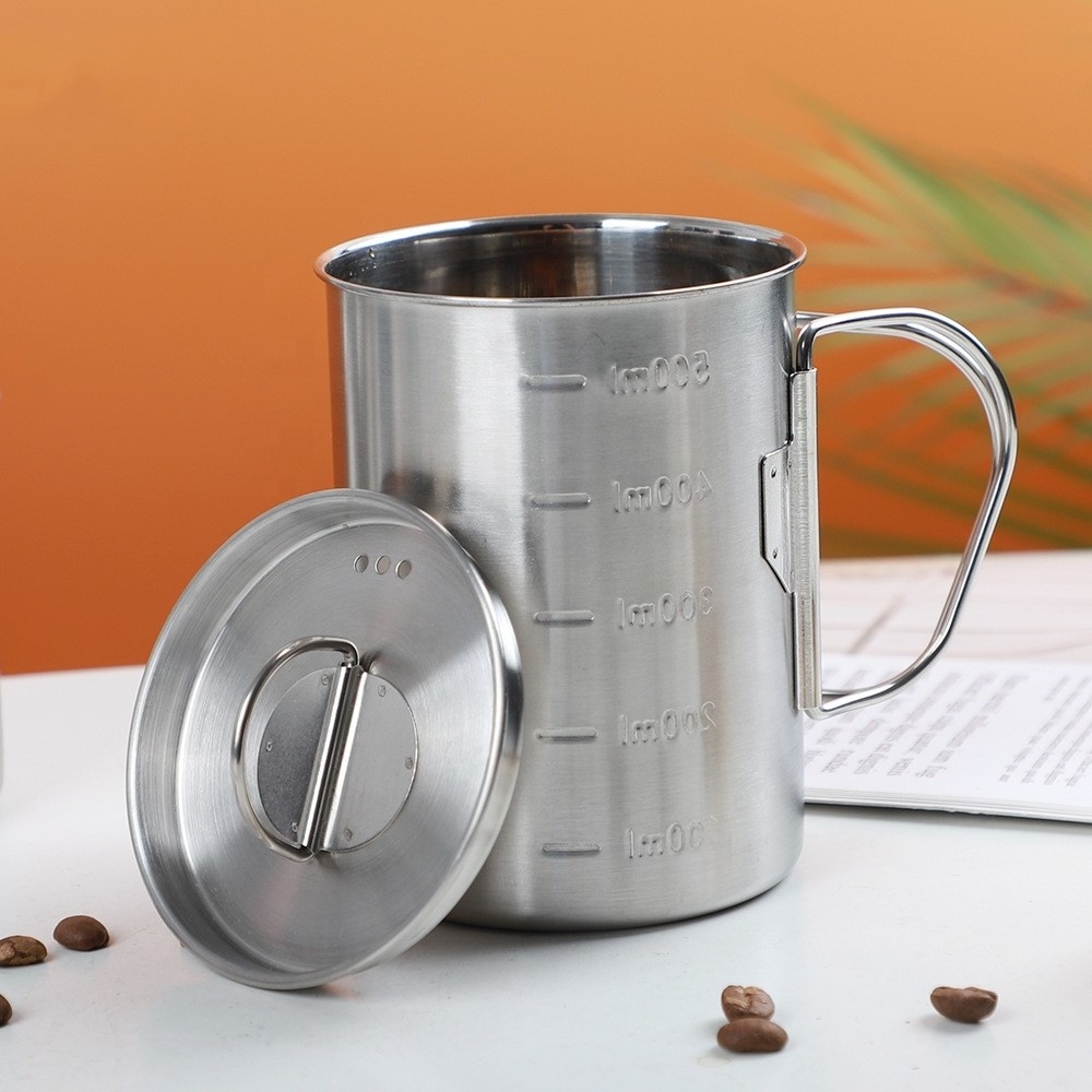 350ml/500ml Stainless Steel 18/10 Outdoor picnic Camping Measuring Drinking coffee Mug with folding handle lid