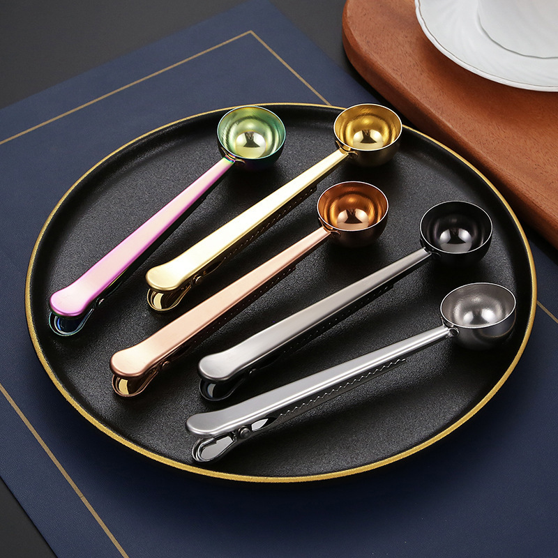 kitchen Stainless Steel herb powder scoop tablespoon Gold plated Tea coffee measure spoon with Bag Clamp Clip