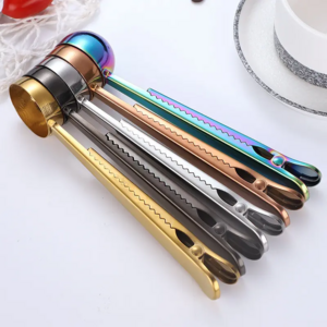 kitchen Stainless Steel herb powder scoop tablespoon Gold plated Tea coffee measure spoon with Bag Clamp Clip