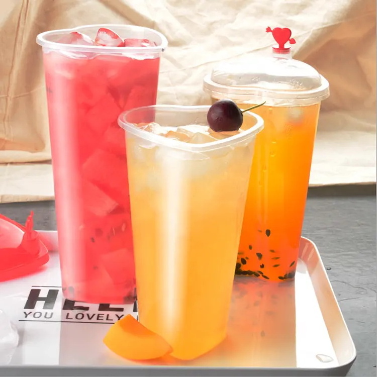 High Quality Heart Shape Container Disposable Recyclable Clear PP Injection Cup Juice Bubble Tea Cup with Lids