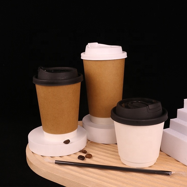 Coffee Paper Cups Logo Printed Disposable 8oz 10oz 12oz 16oz 22oz Craft Beverage Double Wall Cup With Lid