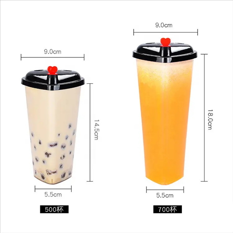 High Quality Heart Shape Container Disposable Recyclable Clear PP Injection Cup Juice Bubble Tea Cup with Lids