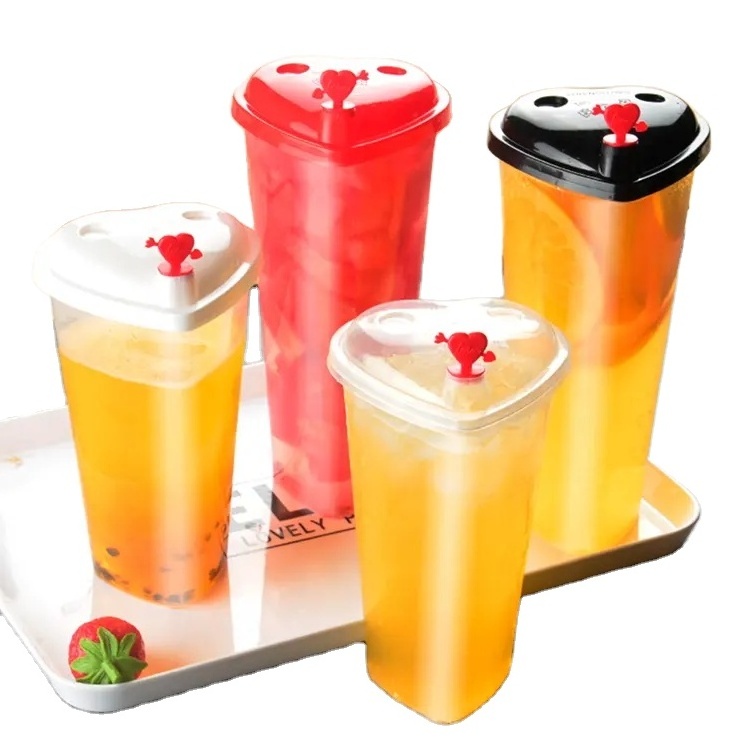 High Quality Heart Shape Container Disposable Recyclable Clear PP Injection Cup Juice Bubble Tea Cup with Lids