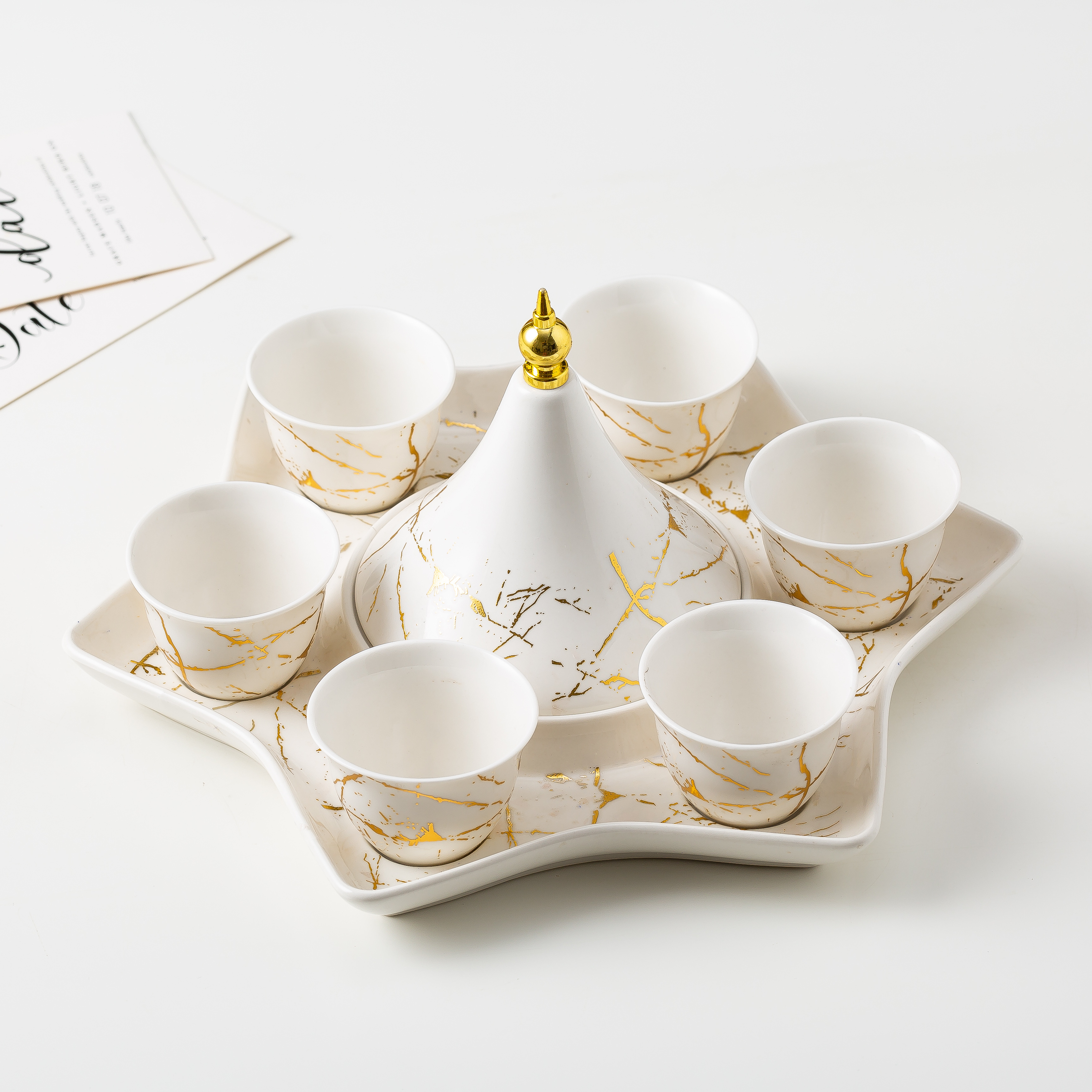 Muslim Ramadan  Eid The stars of the Moon  Creative  Ceramic Coffee Tea Set Hotel Restaurant Home Golden Marble Set