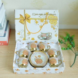 Gold Rim Porcelain Afternoon Tea Party gold-plated tea set gifts Coffee Ceramic  Cups Saucer Set Coffee & Tea Sets  ethiopian