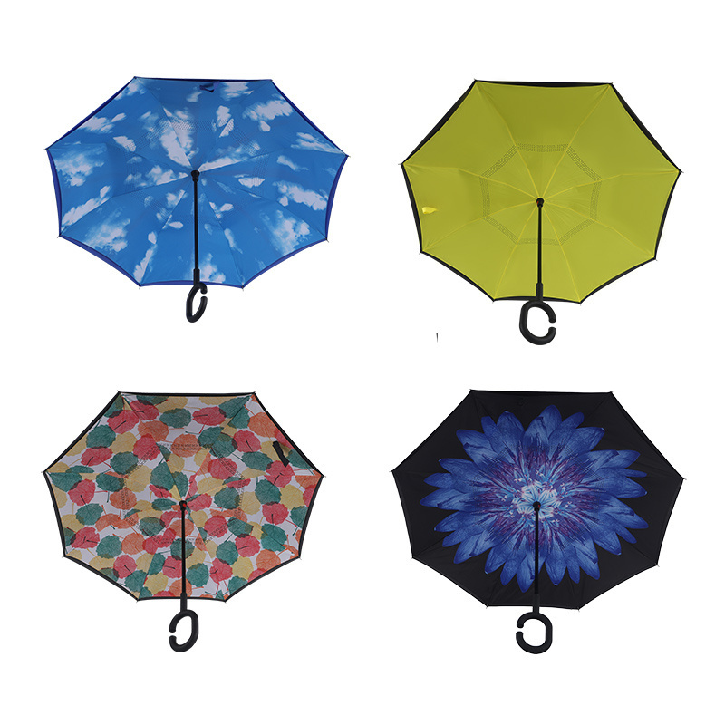 popular blue double layer stands up uv protection reverse inverted umbrella with c shaped handle