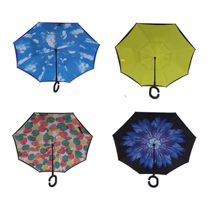 popular blue double layer stands up uv protection reverse inverted umbrella with c shaped handle