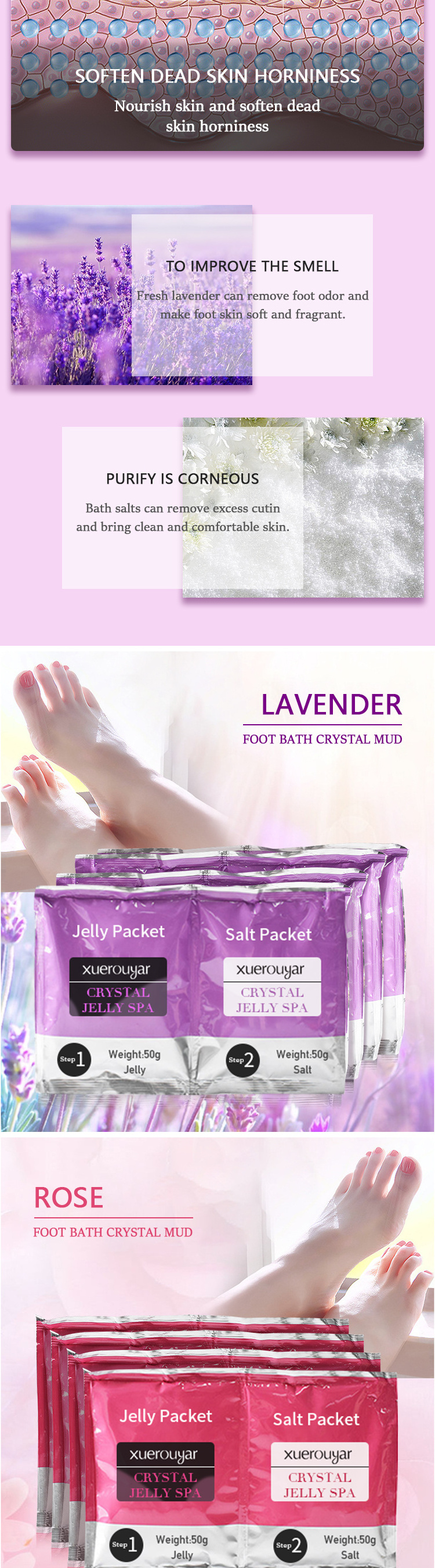 Private Label Pure Nature Lavender Crystal Jelly Spa Pedicur Foot Soak DIY Foot Jelly Spa Soften Whiten Foot Salt Scrub OEM