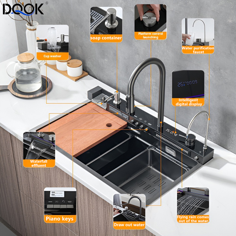 DQOK Factory Wholesale Stainless modern Nano farmhouse handmade smart waterfall multifunction european undermount kitchen sink