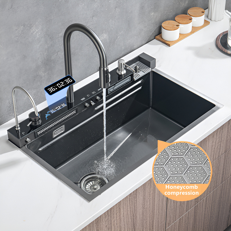 DQOK Factory Wholesale Stainless modern Nano farmhouse handmade smart waterfall multifunction european undermount kitchen sink