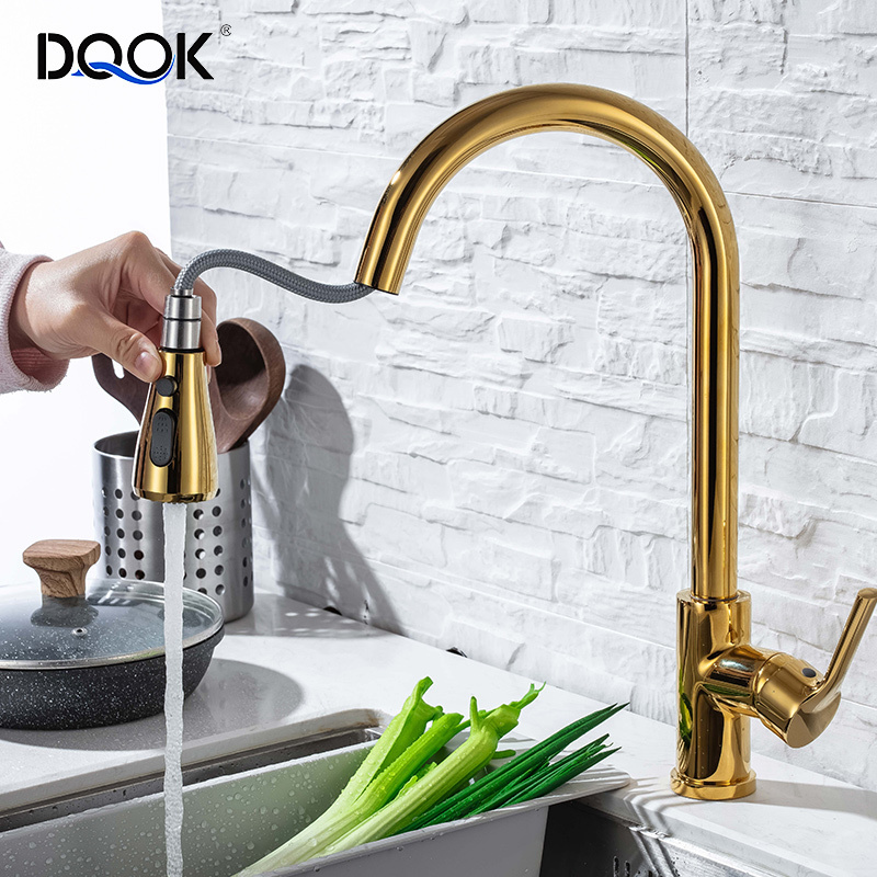 Modern Luxury Kitchen Pull Down Faucet Cold Hot Water Mixer Multifunction Brushed gold Kitchen Faucet