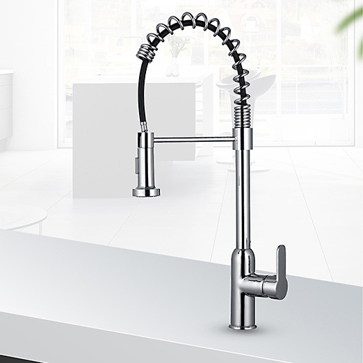 Good quality Chrome Hot Cold single handle spring pull down sprayer brass kitchen faucet