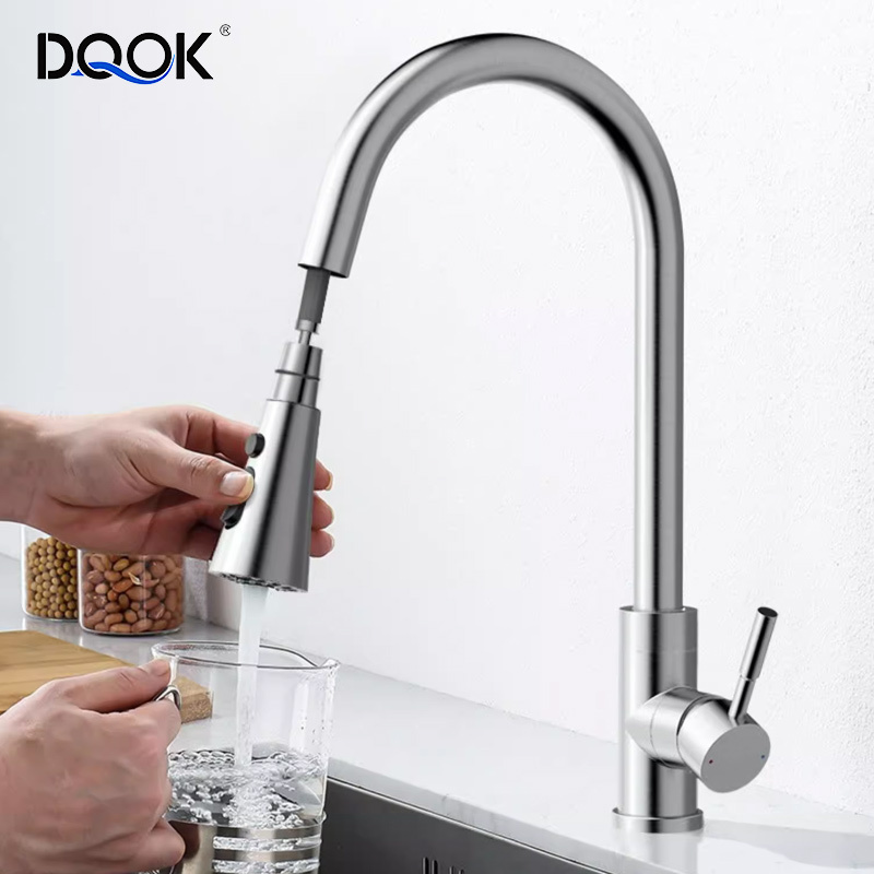 DQOK New Product 304 Stainless Steel Pull Down Sprayer Single Hole Kitchen Sink Faucet