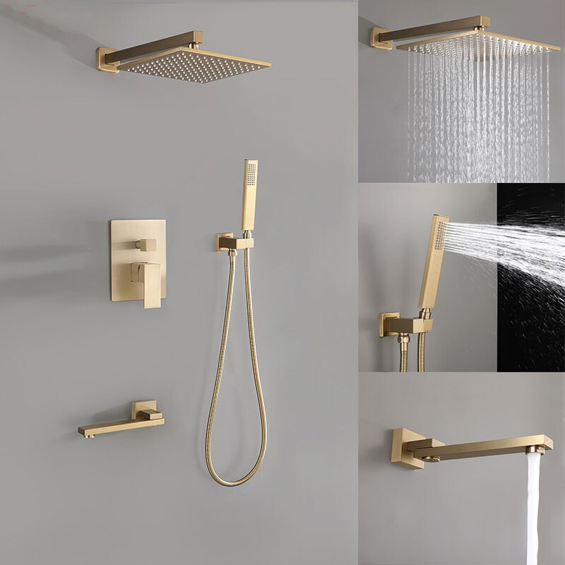 Luxury  CUPC Fashion Brass Concealed Shower Waterfall Rain Bathroom 180 rotary Square Brushed Gold bath shower set