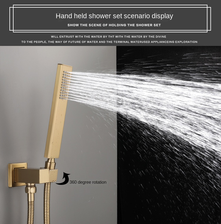 Luxury  CUPC Fashion Brass Concealed Shower Waterfall Rain Bathroom 180 rotary Square Brushed Gold bath shower set