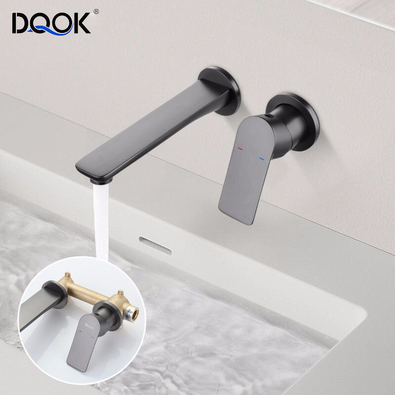 Gun Metal Grey Bathroom Single Handle Brass Washbasin Tap Wall Mounted Concealed Basin Mixer Faucet