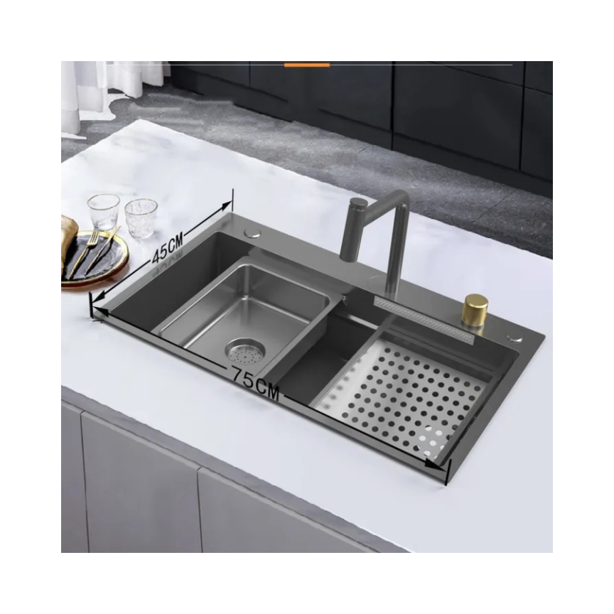 DQOK Hot Sell Feiyu brass Gun Grey 2-Hole single handle Waterfall pull-down kitchen mixer faucet with stainless steel sink