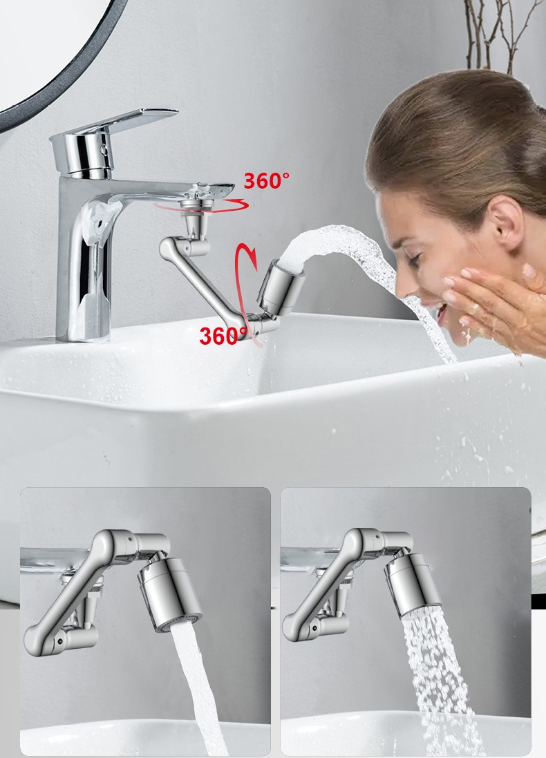 Factory basin faucet brass robot arm extender 1440 degrees chrome splash shield universal rotation multi-function splash spout