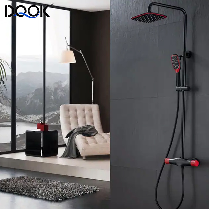 Factories Thermostatic Wall Mounted Rainfall Square Shower Faucet 3 Function Red and Black Shower Set