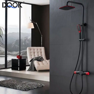 Factories Thermostatic Wall Mounted Rainfall Square Shower Faucet 3 Function Red and Black Shower Set