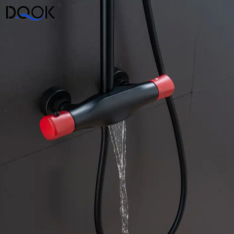 Factories Thermostatic Wall Mounted Rainfall Square Shower Faucet 3 Function Red and Black Shower Set