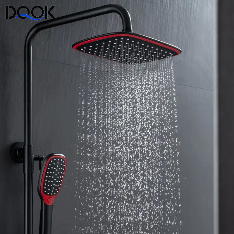 Factories Thermostatic Wall Mounted Rainfall Square Shower Faucet 3 Function Red and Black Shower Set