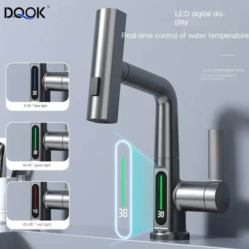 Multifunction 360 Degree Rotating Kitchen Faucet Digital Led Temperature Display Faucet Bathroom Pull Out Basin Faucet