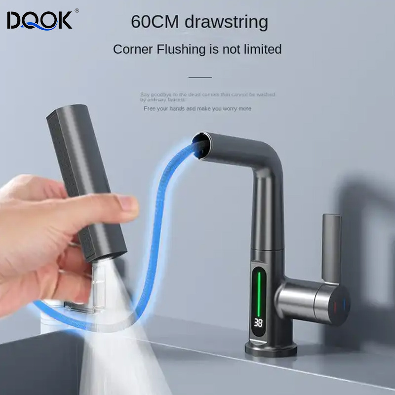 Multifunction 360 Degree Rotating Kitchen Faucet Digital Led Temperature Display Faucet Bathroom Pull Out Basin Faucet