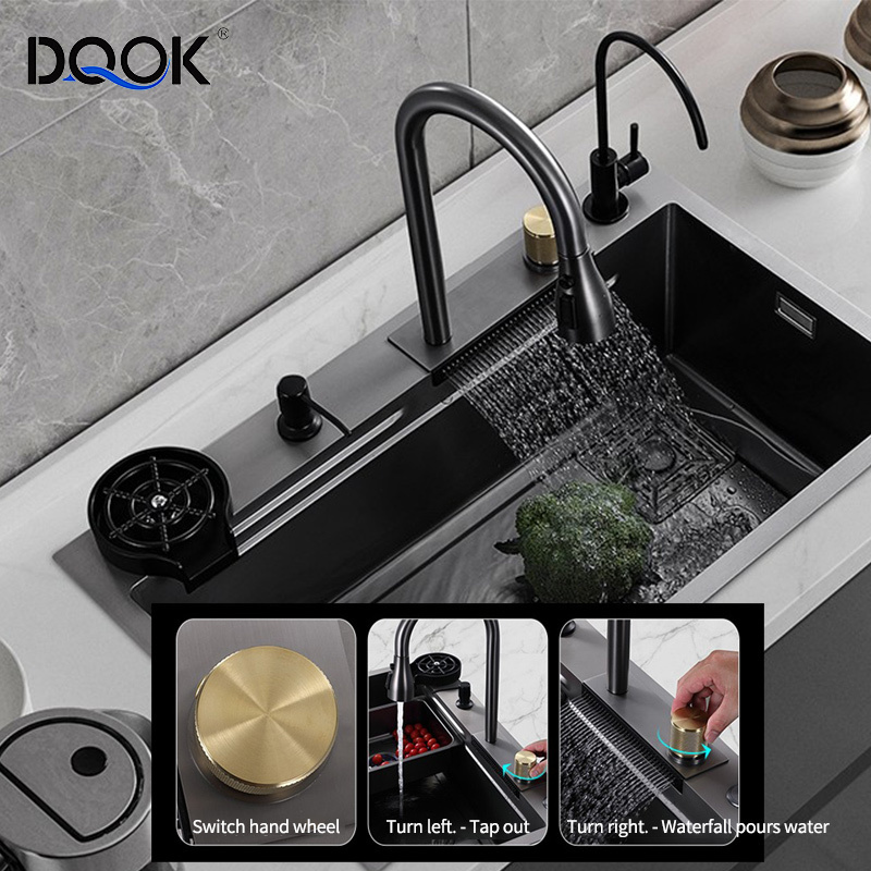 DQOK Waterfall Kitchen Sink with Whole Set Accessories SUS304 Stainless Steel Sinks Multi Function Single Big Bowl