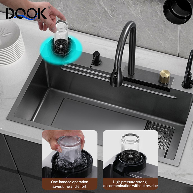 DQOK Waterfall Kitchen Sink with Whole Set Accessories SUS304 Stainless Steel Sinks Multi Function Single Big Bowl