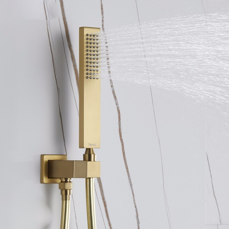 Luxury Brushed Gold Concealed Shower Waterfall Rain Bathroom Brass 3-Function Shower Faucet Set