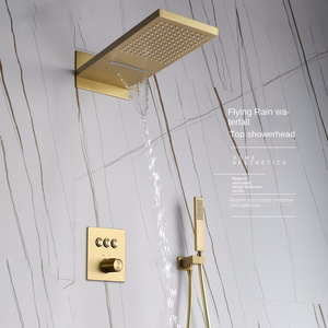 Luxury Brushed Gold Concealed Shower Waterfall Rain Bathroom Brass 3-Function Shower Faucet Set