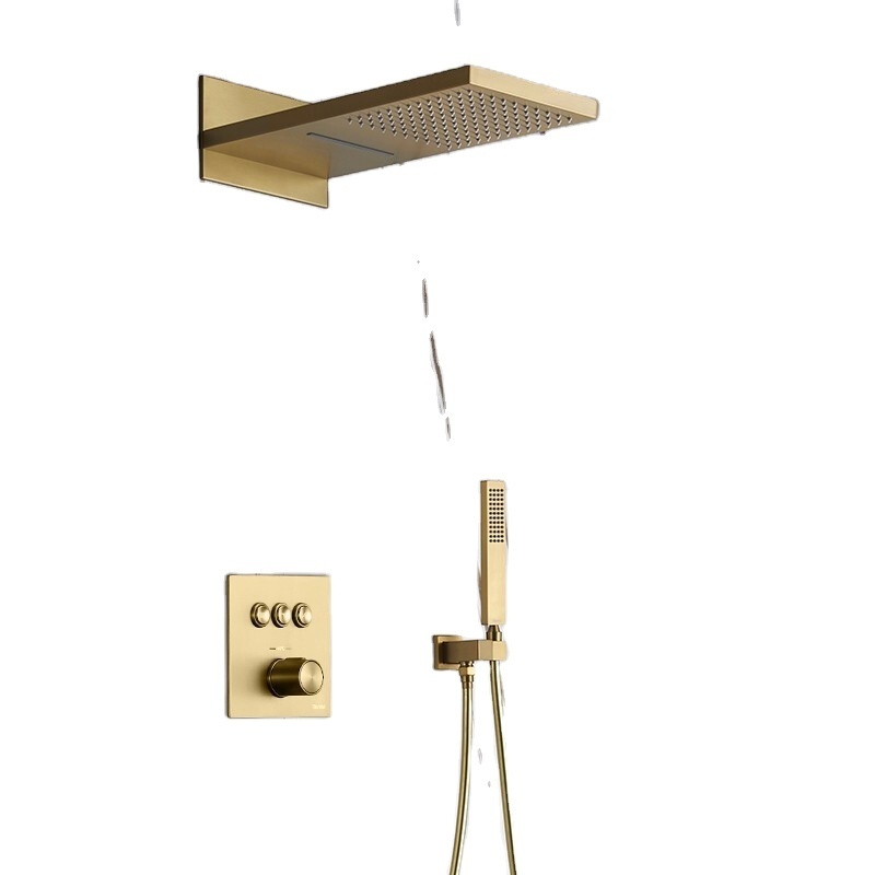 Luxury Brushed Gold Concealed Shower Waterfall Rain Bathroom Brass 3-Function Shower Faucet Set