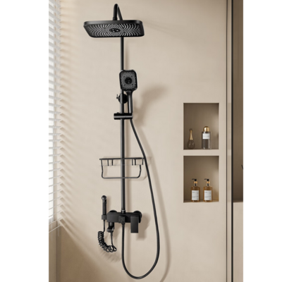 New Style Shower Square with Storage Shelf Shower Faucet 4 Function Bathroom Brass Shower Set