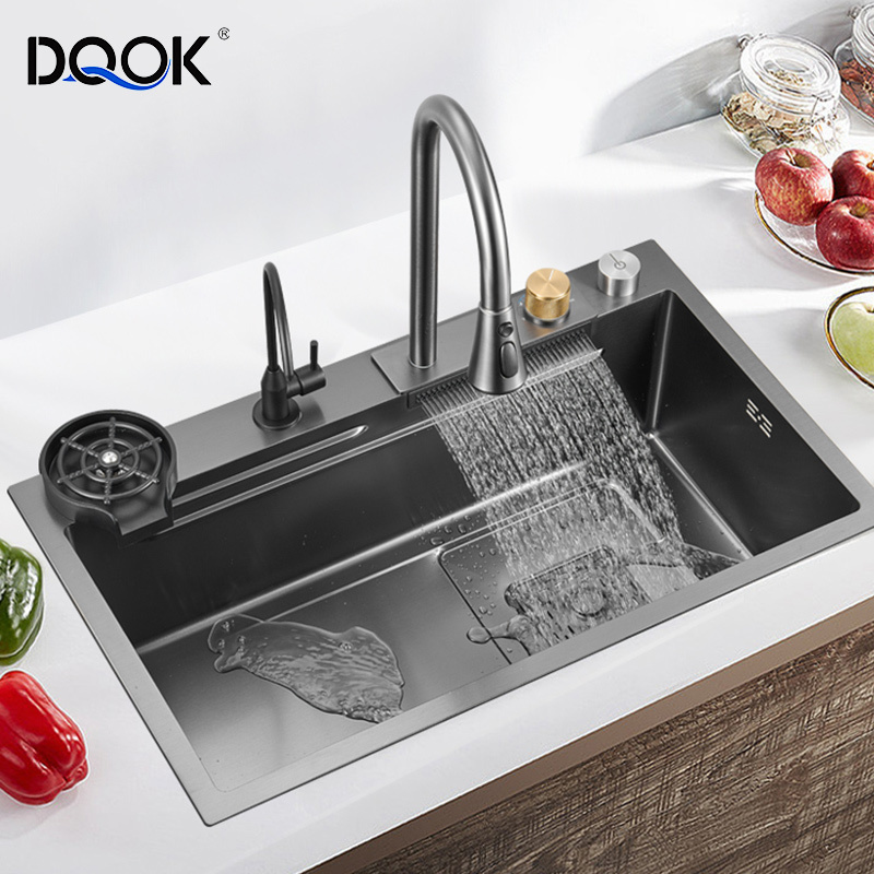 DQOK Waterfall Kitchen Sink with Whole Set Accessories SUS304 Stainless Steel Sinks Multi Function Single Big Bowl