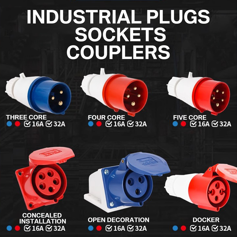 OEM Industrial Watertight Connector 16A 32A 63A  Power Supply Airline Plugs Exposed and Concealed Sockets 3 4 5Pins Plug