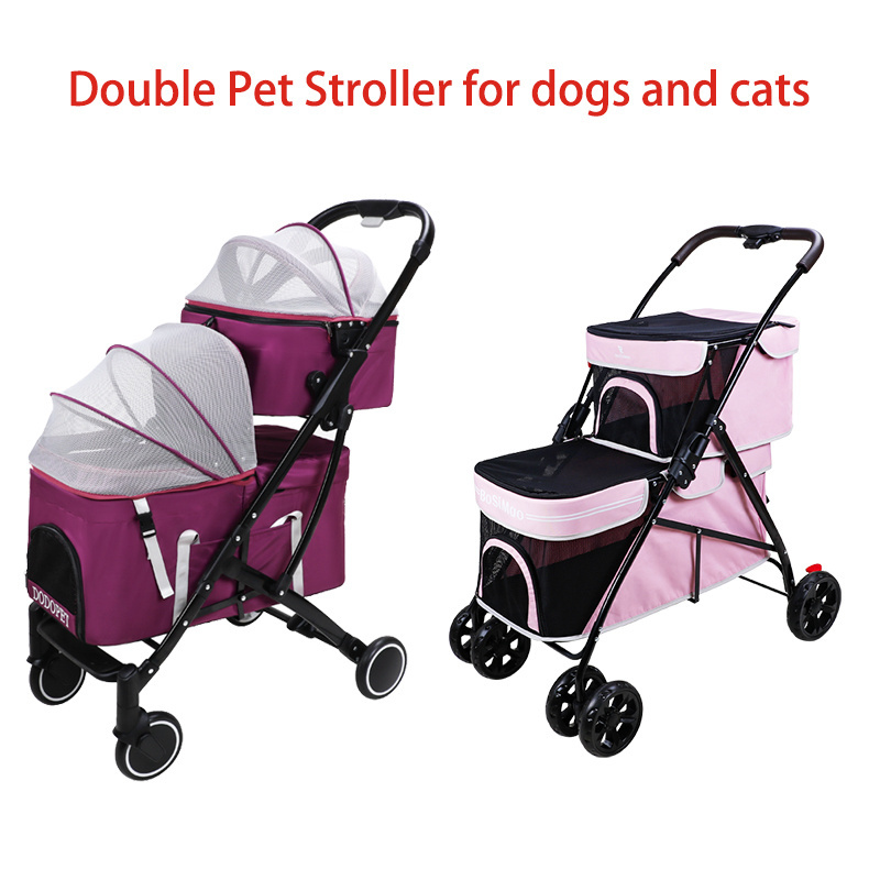 wholesale Foldable Double cat pet dog stroller carrier travel trolley 4 wheels dog cart for dogs and cats