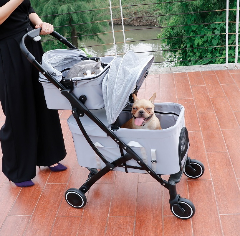 wholesale Foldable Double cat pet dog stroller carrier travel trolley 4 wheels dog cart for dogs and cats