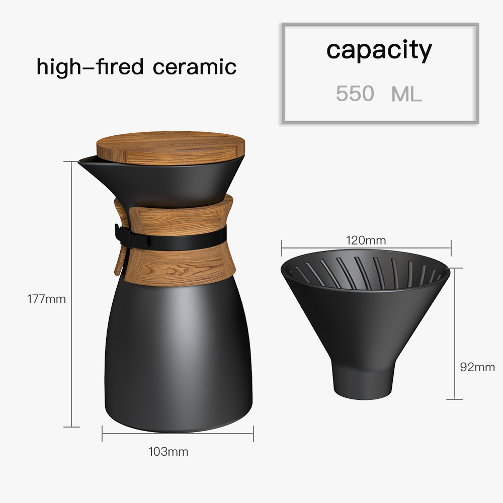 55OML DHPO Ceramic Pour Over Coffee Maker with Ceramic Luxury Dripper Wooden Lid and Comfortable Wooden Sleeve Suitable Tie