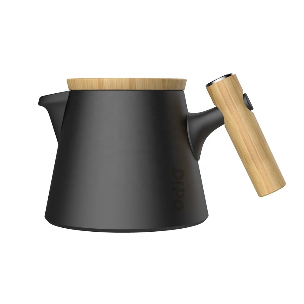 DHPO porcelain trapezoid matte black ceramic brewing teapot with infuser bamboo handle for loose leaf tea