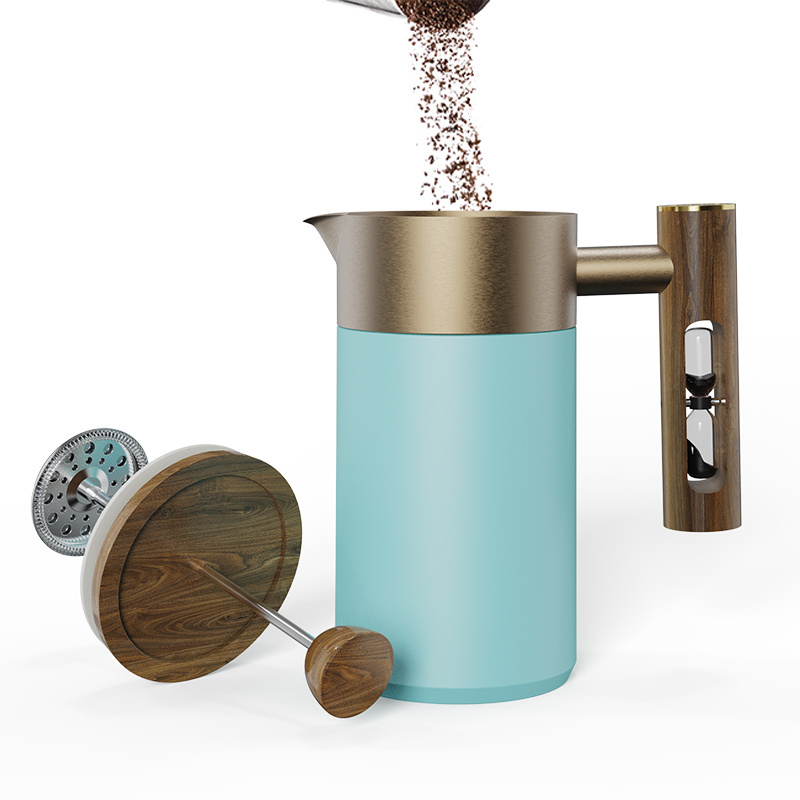 New Product Ceramic French Press with Hourglass Timing Wooden Handle and 4 Level 304 SLS Filter and Wooden Lid Premium CoffeePot