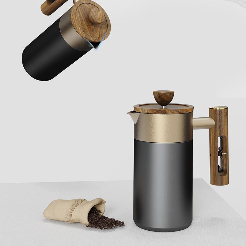 New Product Ceramic French Press with Hourglass Timing Wooden Handle and 4 Level 304 SLS Filter and Wooden Lid Premium CoffeePot