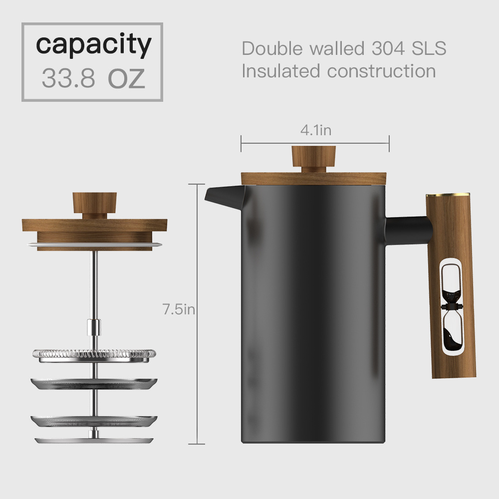 DHPO insulated stainless steel french press coffee maker with wooden handle and timer