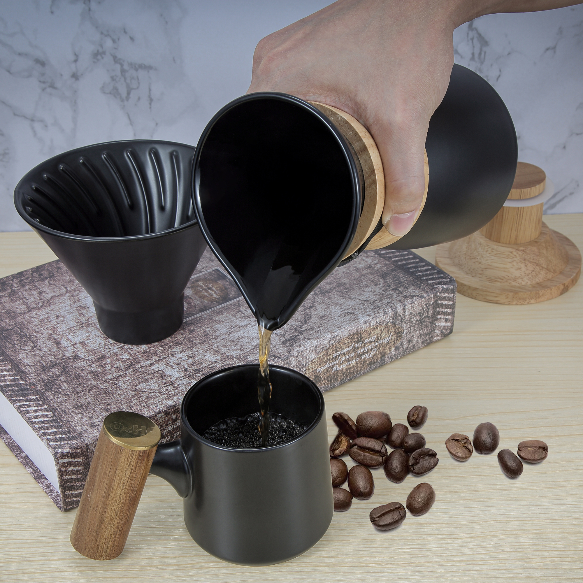 DHPO Brand New design ceramic pour over coffee maker dripper with wood lid and sleeve carafe