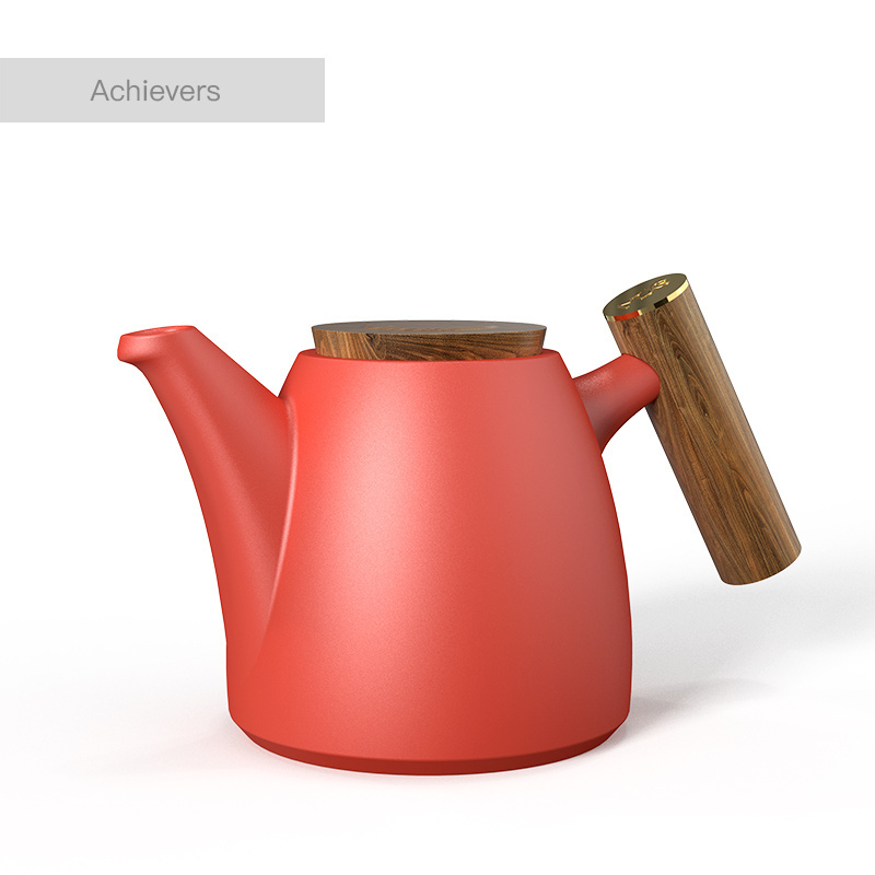 DHPO Promotion matte red tea pot warmer with wooden handle ceramic kettle 4 pcs tea set with wooden handle