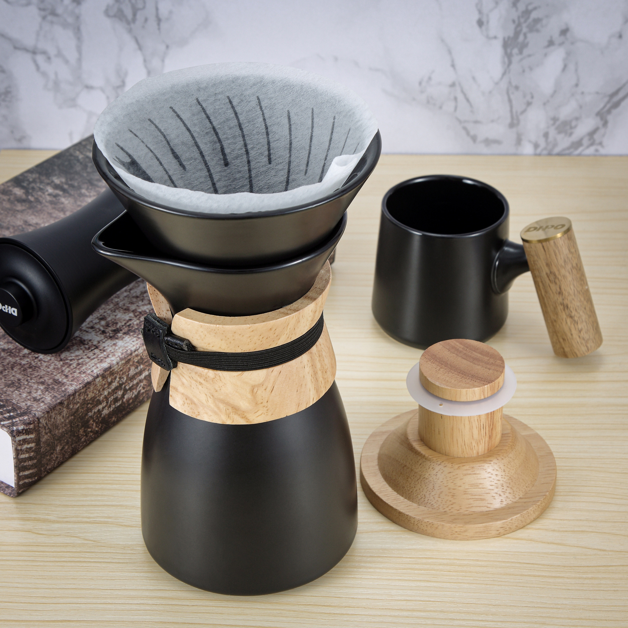 DHPO Brand New design ceramic pour over coffee maker dripper with wood lid and sleeve carafe