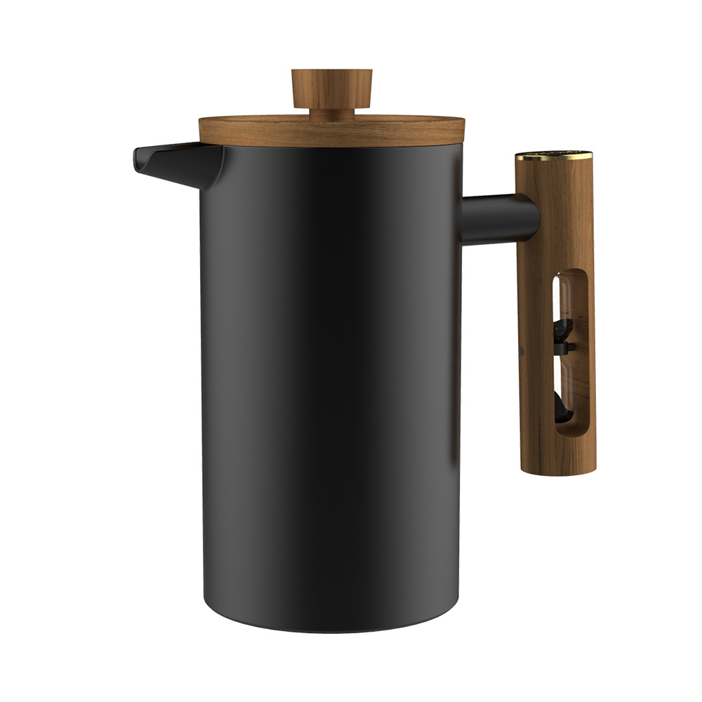 DHPO insulated stainless steel french press coffee maker with wooden handle and timer