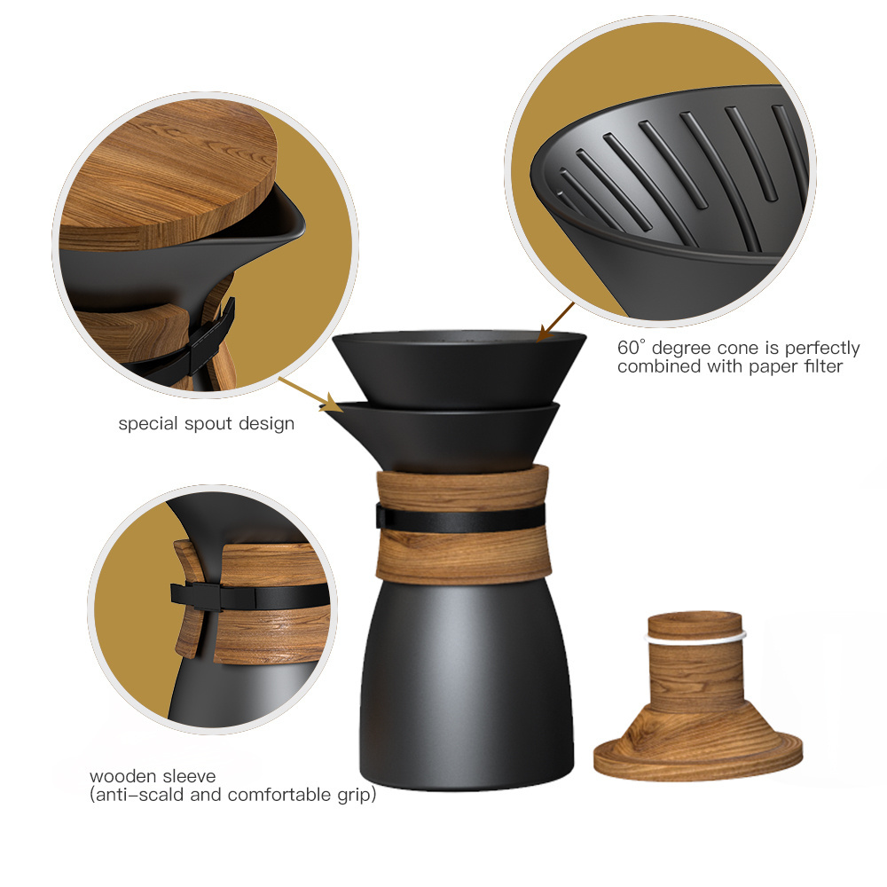 550ml Matte Black Ceramic Pour Over Coffee Dripper Maker Pot with coffee Brewer Filter and wooden lid